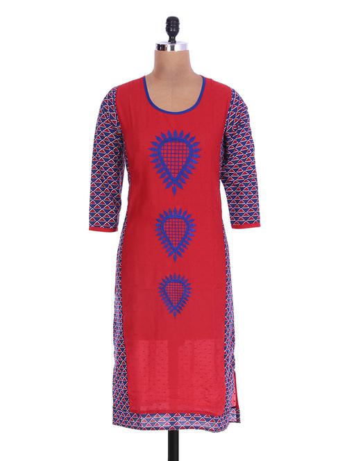 Red Cotton Printed Kurta - 1220940 - Very Small Image - 1