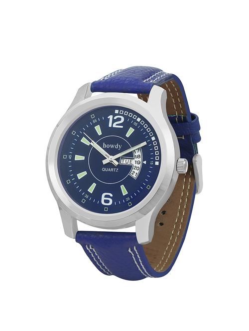 howdy Smart Analog Blue Dial Watch With Blue Leather Strap With Day and Date - For Men's & Boys ss550 - 12214712 - Very Small Image - 1