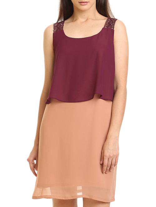 wine and beige colour block dress - 12220956 - Very Small Image - 1
