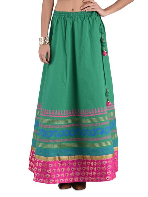 forest green printed flared cotton long skirt - 1224242 - Very Small Image - 1