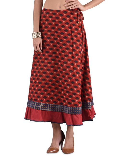 Maroon Printed Cotton Long Skirt - 1224244 - Very Small Image - 1