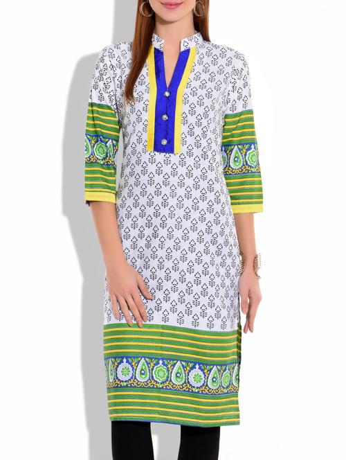 white printed quarter sleeved cotton kurta - 1224345 - Very Small Image - 1