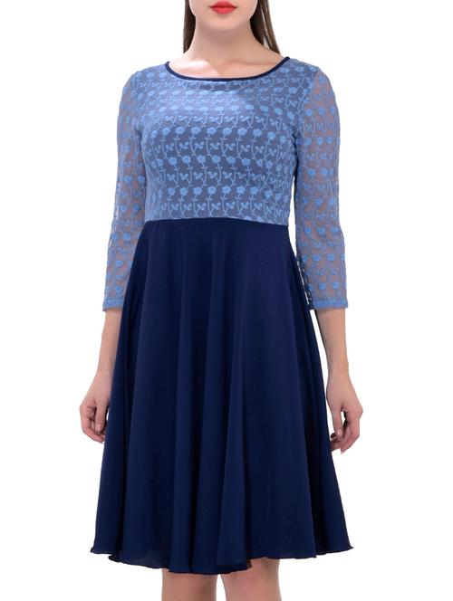 navy blue crepe laced fit and flare dress - 12243958 - Very Small Image - 1