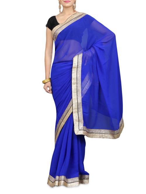 solid royal blue chiffon saree - 1224483 - Very Small Image - 1
