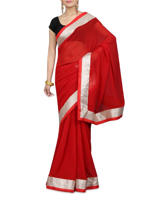 solid red faux georgette saree - 1224489 - Very Small Image - 1