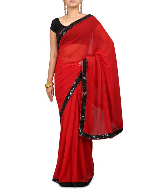 solid red georgette saree with sequined border - 1224507 - Very Small Image - 1