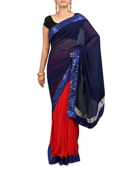 sequined navy and red georgette saree - 1224514 - Very Small Image - 1