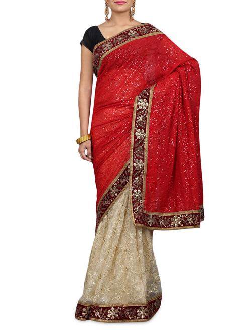 red and cream embellished georgette saree - 1224521 - Very Small Image - 1