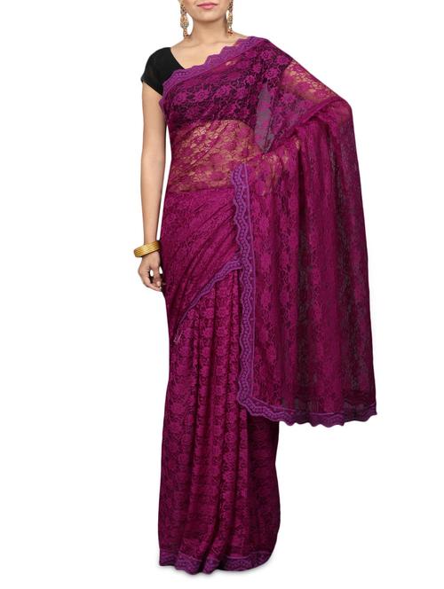 solid wine net saree - 1224523 - Very Small Image - 1