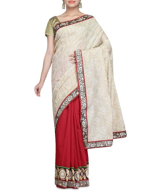 red and cream chanderi cotton patchwork sari - 1227171 - Very Small Image - 1