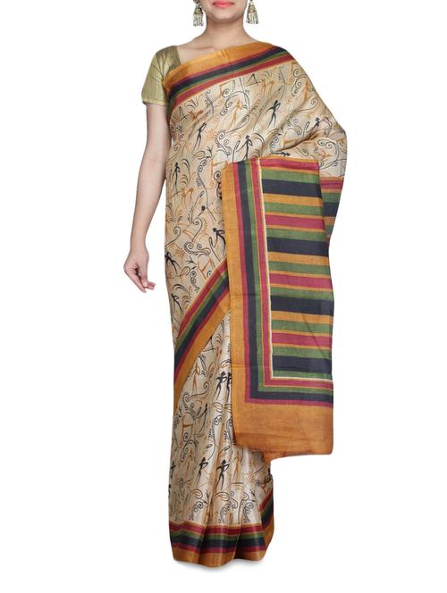 beige art bhagalpuri ghicha silk block print sari - 1227235 - Very Small Image - 1
