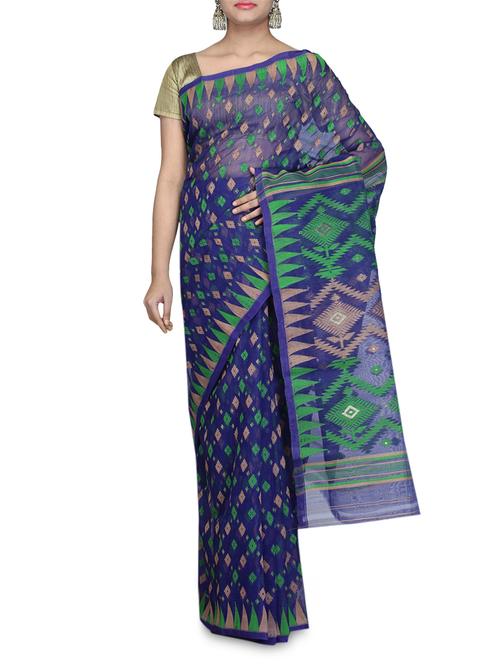 Blue Handloom Cotton Jamdani Sari - 1227347 - Very Small Image - 1
