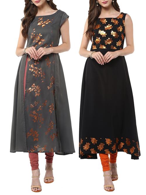 multicolored crepe printed kurta combo (set of 2) - 12312042 - Very Small Image - 1