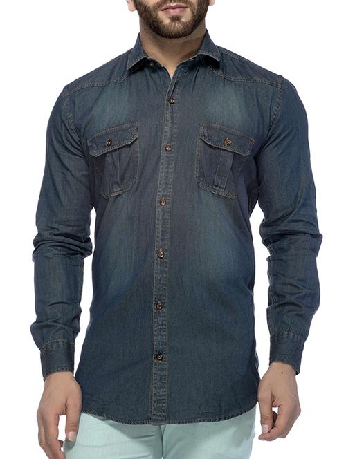 navy blue denim casual shirt - 12316575 - Very Small Image - 1