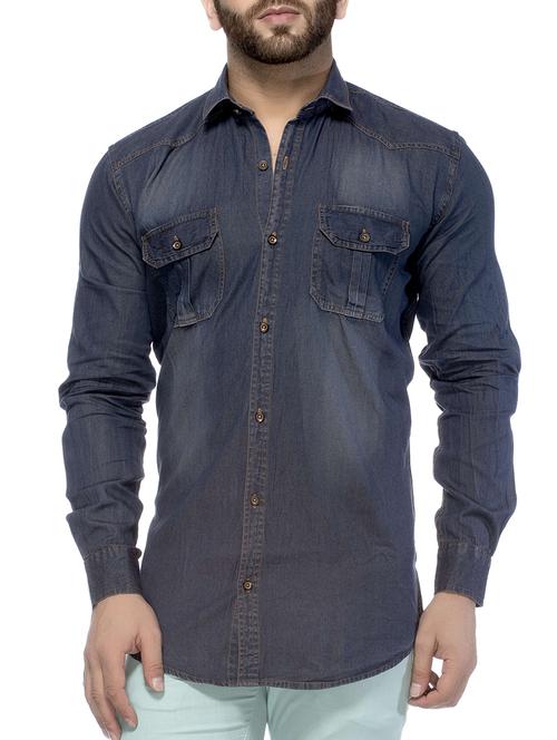 navy blue denim casual shirt - 12316576 - Very Small Image - 1