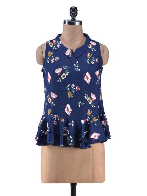 navy printed frilled top - 1231976 - Very Small Image - 1