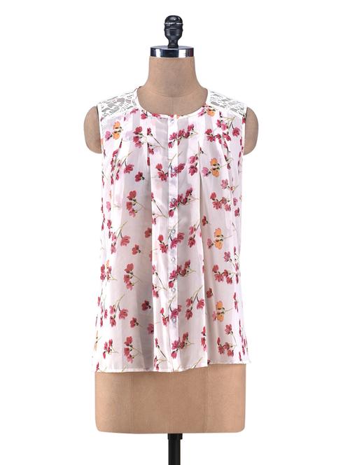 peach printed gathered top with lace yoke - 1231987 - Very Small Image - 1