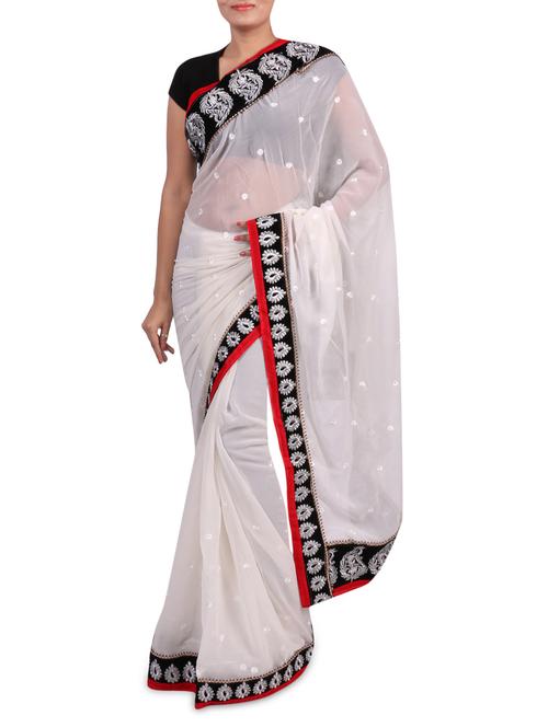 white resham threaded chiffon sari - 1233244 - Very Small Image - 1