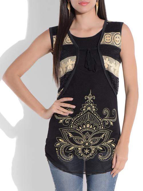 black printed sleeveless net top - 1233445 - Very Small Image - 1