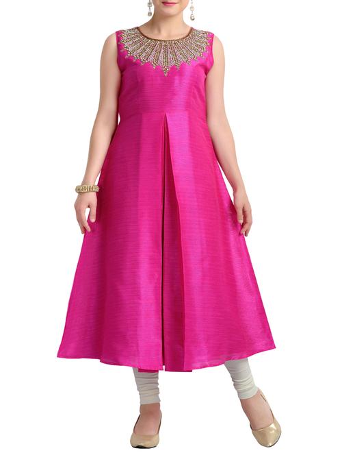 pink raw silk kurti - 12349910 - Very Small Image - 1