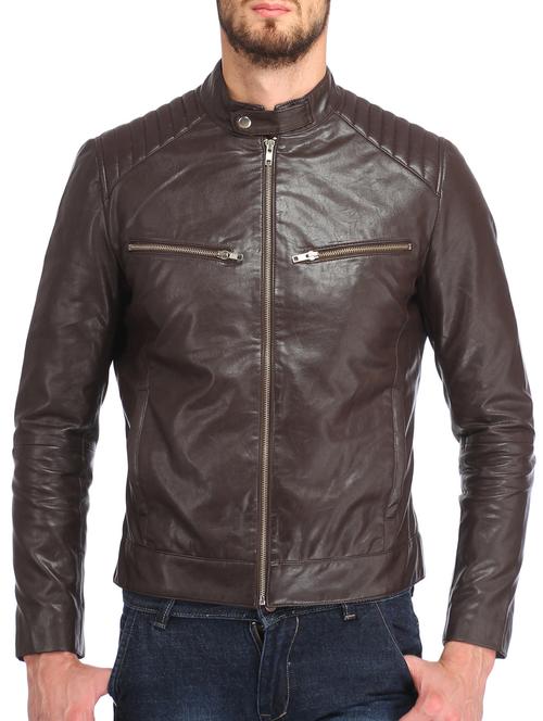 brown faux leather casual jacket - 12366009 - Very Small Image - 1