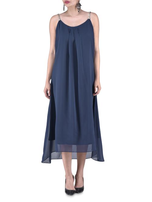 navy blue high-low poly georgette dress - 1238705 - Very Small Image - 1