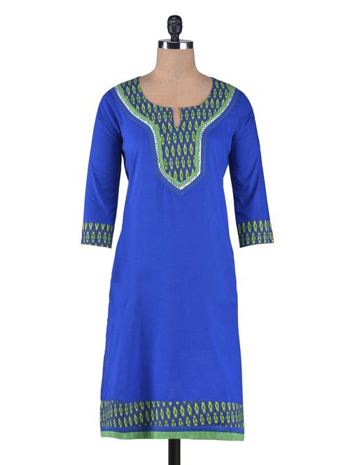 blue printed cotton laced kurta - 1239719 - Very Small Image - 1
