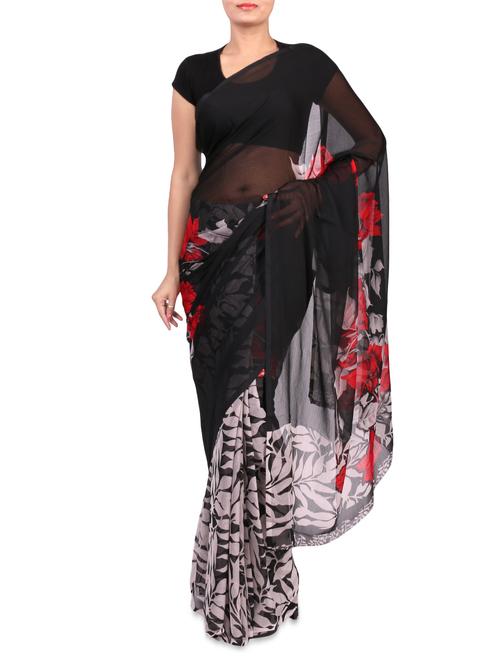 black printed chiffon saree with blouse - 1242648 - Very Small Image - 1
