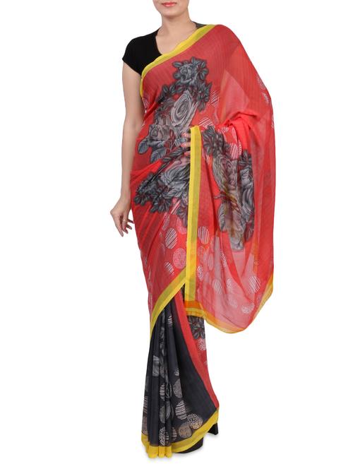 red printed chiffon saree with blouse - 1242659 - Very Small Image - 1