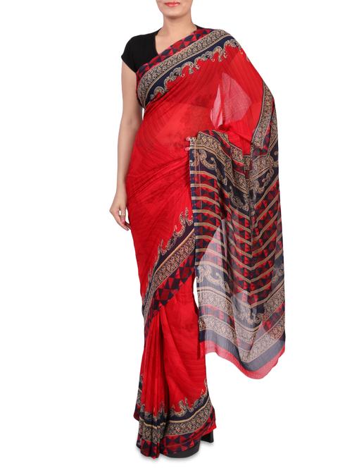 red printed chiffon saree with blouse - 1242664 - Very Small Image - 1