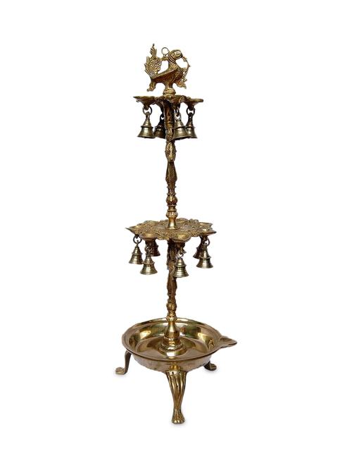 gold brass peacock diya stand with bells - 1243002 - Very Small Image - 1