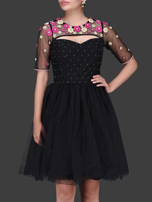 black embellished knee length net dress - 1245366 - Very Small Image - 1