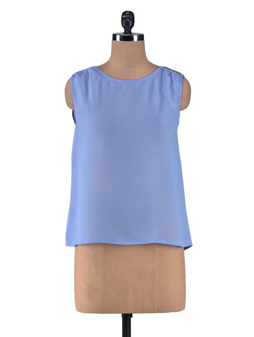 Solid Blue Polygeorgette Top - 1246524 - Very Small Image - 1