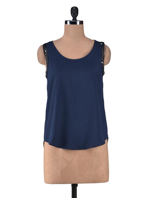 Navy Blue Polycrepe Sequined Top - 1246526 - Very Small Image - 1