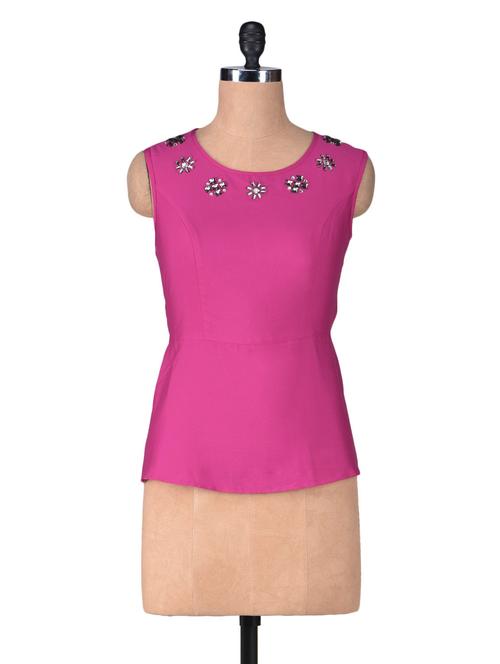 Fuchsia Polycrepe Sleeveless Top - 1246537 - Very Small Image - 1