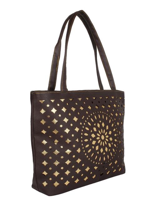dark brown synthetic leather cutwork handbag - 12470822 - Very Small Image - 1
