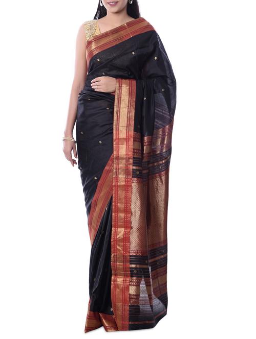 black maheshwari silk woven saree with blouse - 12477729 - Very Small Image - 1