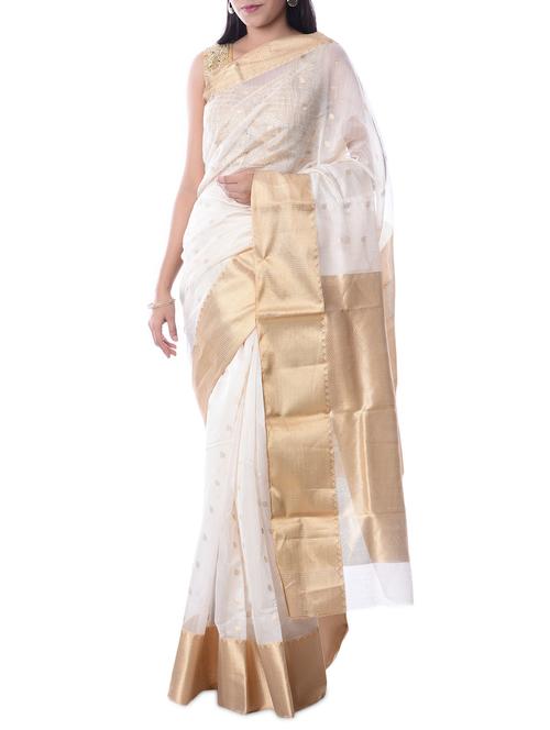 white chanderi silk woven saree with blouse - 12477753 - Very Small Image - 1