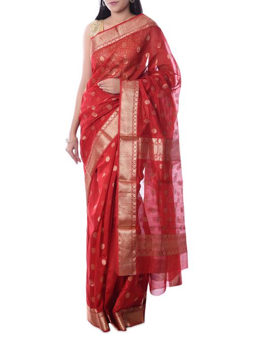 red chanderi silk woven saree with blouse - 12477755 - Very Small Image - 1