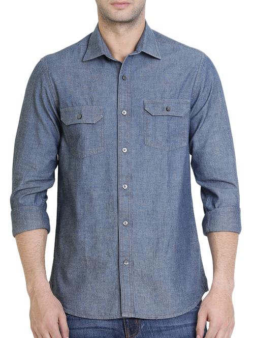solid blue denim casual shirt - 12479187 - Very Small Image - 1