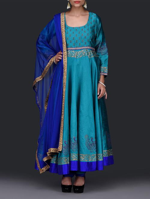 Printed Teal Stitched Anarkali Suit Set - 1248511 - Very Small Image - 1