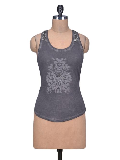 Grey Cotton Sleeveless Sequined Top - 1253364 - Very Small Image - 1
