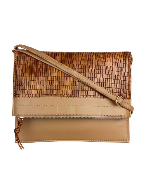 brown leatherette textured foldover sling bag - 12552010 - Very Small Image - 1