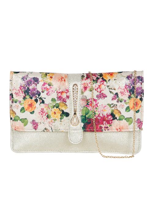 silver leatherette floral printed clutch - 12553399 - Very Small Image - 1