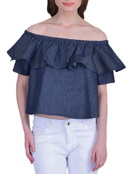 blue denim off shoulder top - 12558866 - Very Small Image - 1