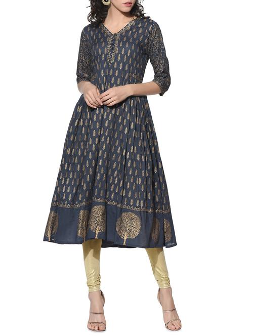 greyand glolden cotton block print pleated kurta - 12568623 - Very Small Image - 1