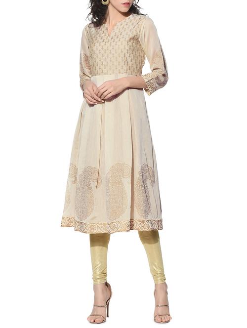 beige chanderi pleated block print kurta - 12568625 - Very Small Image - 1