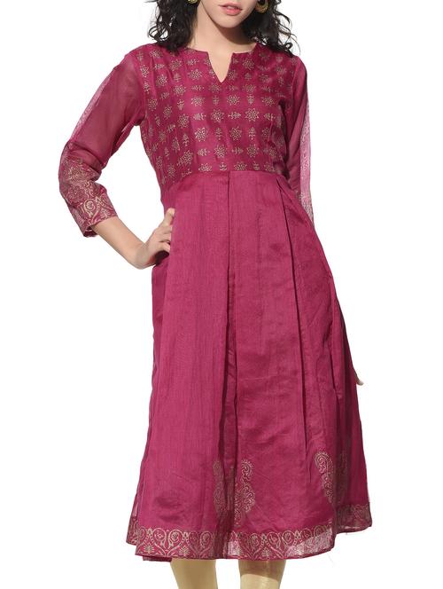 pink chanderi pleated block print kurta - 12568628 - Very Small Image - 1
