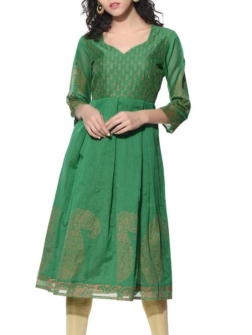 green chanderi pleated block print kurta - 12568629 - Very Small Image - 1