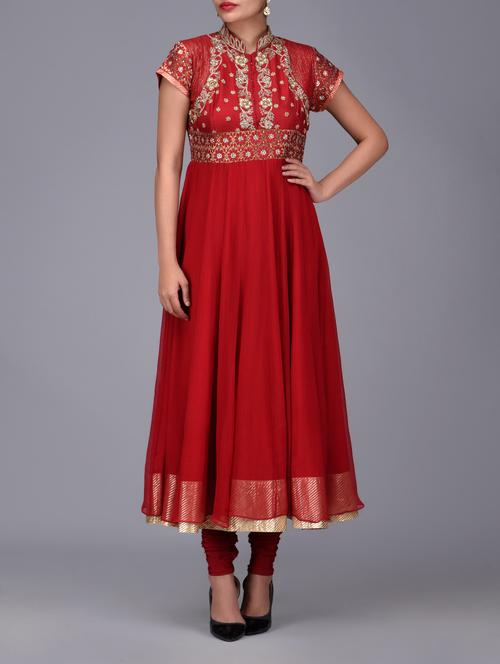red embroidered anarkali suit set - 1261346 - Very Small Image - 1